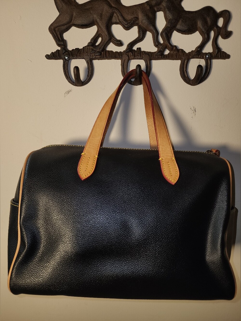 Dooney & Bourke Black Pebbled Leather Olivia Satchel Tan Handles - Picture 6 of 11